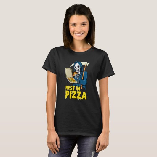 Funny Pizza Grim Sensenmann Erholung in Pizza Hall T-Shirt (Vorne ganz)
