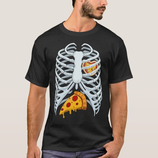 Funny Pizza Skeleton Rib Cage Halloween Kostüm T-Shirt (Vorderseite)