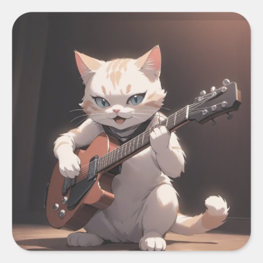 Funny Playing Gitarre Cat Art Quadratischer Aufkleber (Vorderseite)