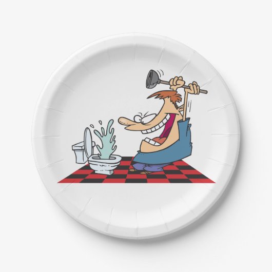 Funny Plumber entsperrt Toilette Pappteller (Vorderseite)