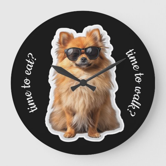 Funny Pomeranian Dog Time to Walk Time to Eat Große Wanduhr (Vorderseite)