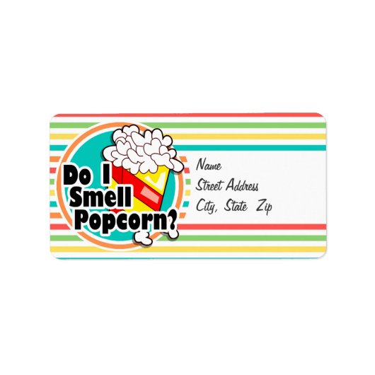 Funny Popcorn; Helle Regenbogenstreifen Adressaufkleber (Vorne)