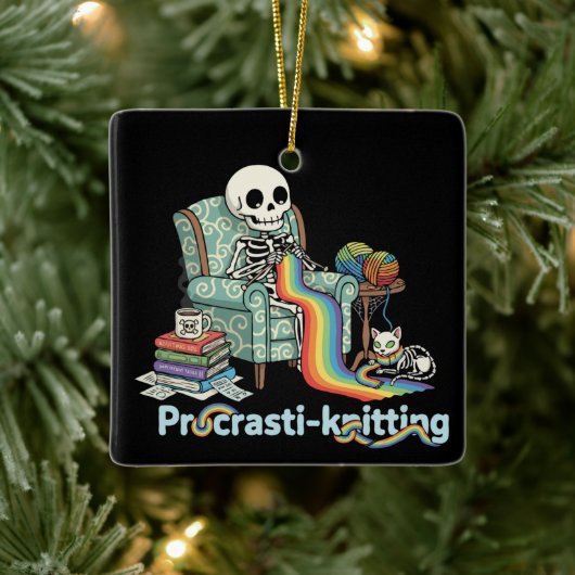 Funny Procrasti Strickskelett und Katze mit Keramikornament (Baum)