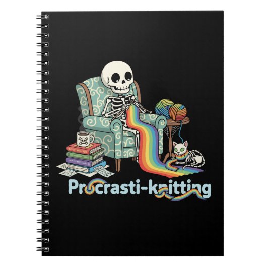 Funny Procrasti Strickskelett und Katze mit Notizblock (Vorderseite)