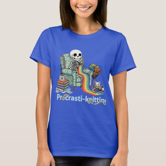 Funny Procrasti Strickskelett und Katze mit T-Shirt (Vorderseite)