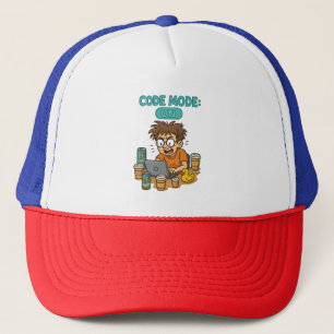 Funny Programmer Cartoon mit "Code Mode: ON" Truckerkappe