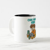 Funny Programmer Cartoon mit "Code Mode: ON" Zweifarbige Tasse (Vorderseite Links)