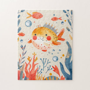 Funny Puffer Fisch in der Nähe von Vibranff Reef Puzzle