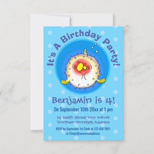 Funny Puffer Fish porcupfish Cartoon Einladung (Vorderseite)