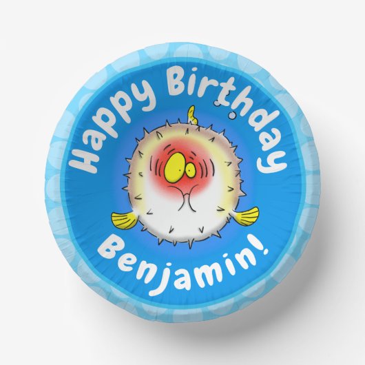 Funny Puffer Fish porcupfish Cartoon Pappteller (Vorderseite)