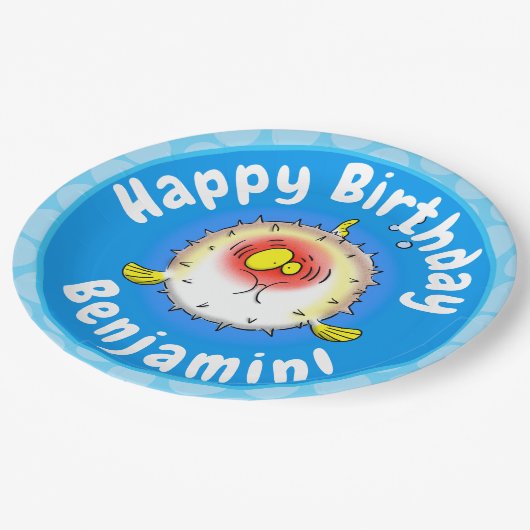 Funny Puffer Fish porcupfish Cartoon Pappteller (Schrägansicht)