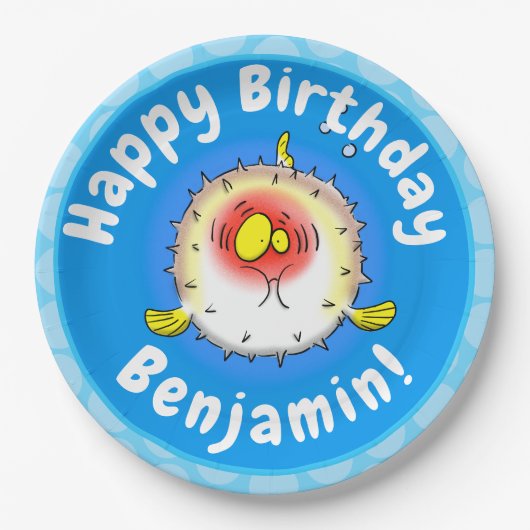 Funny Puffer Fish porcupfish Cartoon Pappteller (Vorderseite)