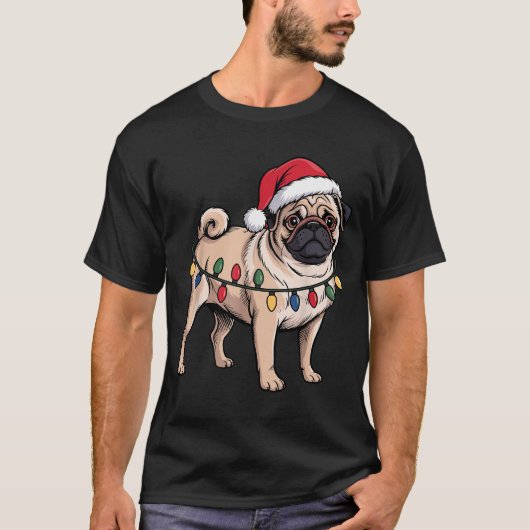 Funny Pug Christmas Santa Hat Xmas Lights  T-Shirt (Vorderseite)