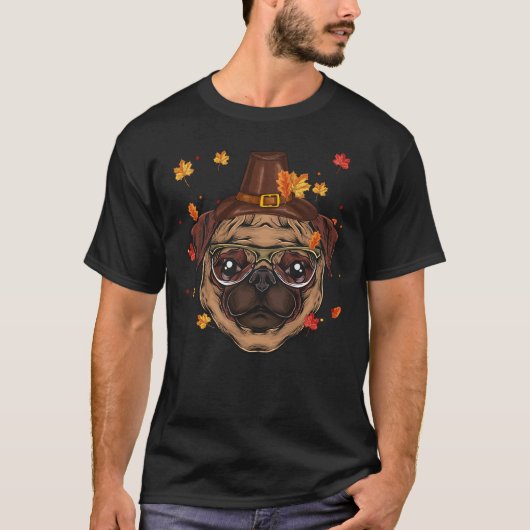 Funny Pug Dog Lovers Pilgrim Hat Fall Happy Thanks T-Shirt (Vorderseite)