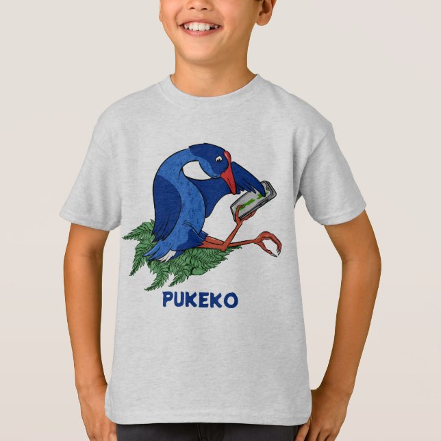 Funny Pukeko mit Mobiltelefon T-Shirt (Vorderseite)