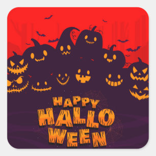 Funny Pumphins Bats Red Backround Happy Halloween Quadratischer Aufkleber