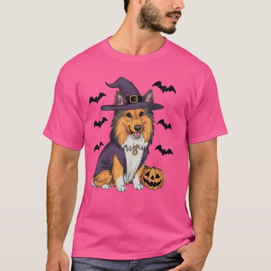 Funny Pumpkin Bat Hexenkostüm Sheltie Dog Hallow T-Shirt (Vorderseite)