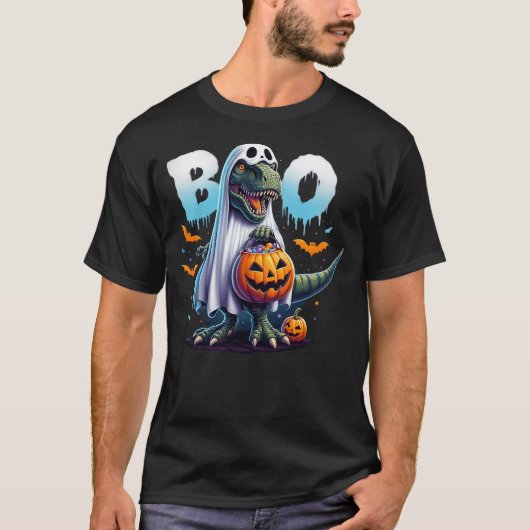 Funny Pumpkin Skeleton Riding Dinosaur T rex Happy T-Shirt (Vorderseite)