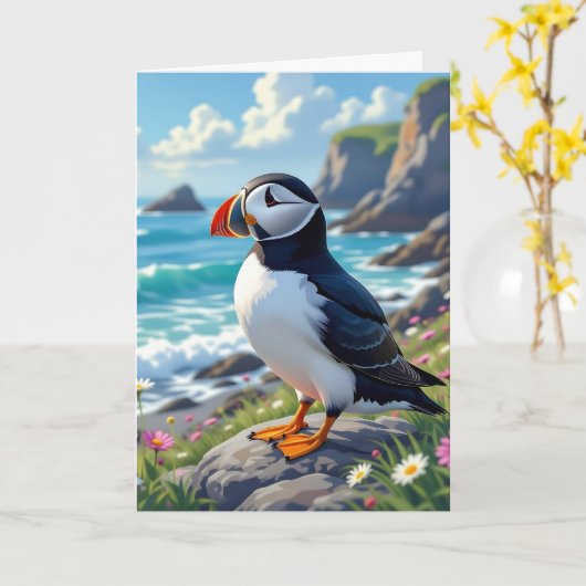 Funny Pun | Happy Birthday Puffin Karte (Gelbe Blume)