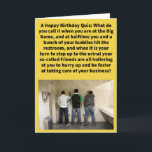 Funny Pun Pee er Pressure Happy Birthday Karte<br><div class="desc">Es gibt eine gewisse Kameradschaft unter einem Haufen von Typ, die woll haben, sich zu beeilen und die Toilette zu benutzen, damit sie wieder auf ihre Plätze kommen können, um die nächste Aktion im Big Game zu erleben! Es kann viel Ermutigung, Spaß und Kritik geben, und das kann von Freunden...</div>