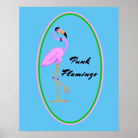 Funny Punk Pink Flamingo auf Aquamarin Poster (Vorne)