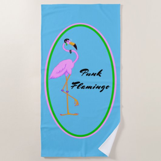 Funny Punk Pink Flamingo auf Aquamarin Strandtuch (Vorderseite)