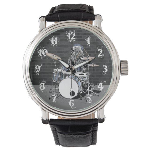 Funny Punk Rock Drummer Bear Playing Drums Rocker Armbanduhr (Vorderseite)