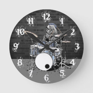 Funny Punk Rock Drummer Bear Playing Drums Rocker Runde Wanduhr