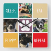 Funny Puppy Sleep essen Wiederholung Hund Lover fa Quadratische Wanduhr (Vorderseite)