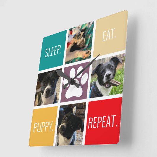 Funny Puppy Sleep essen Wiederholung Hund Lover fa Quadratische Wanduhr (Winkel)