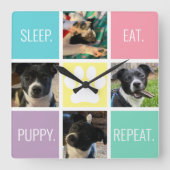 Funny Puppy Sleep essen Wiederholung Hund Lover Pa Quadratische Wanduhr (Vorderseite)