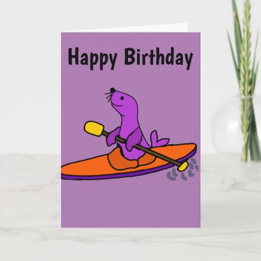 Funny Purple Seal Kayaking Cartoon Karte (Vorderseite)