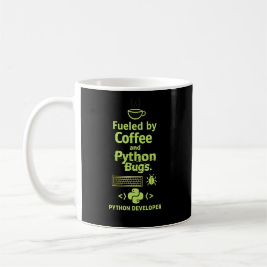 Funny Python Developer – Fueled by Coffee bugs  Kaffeetasse (Links)