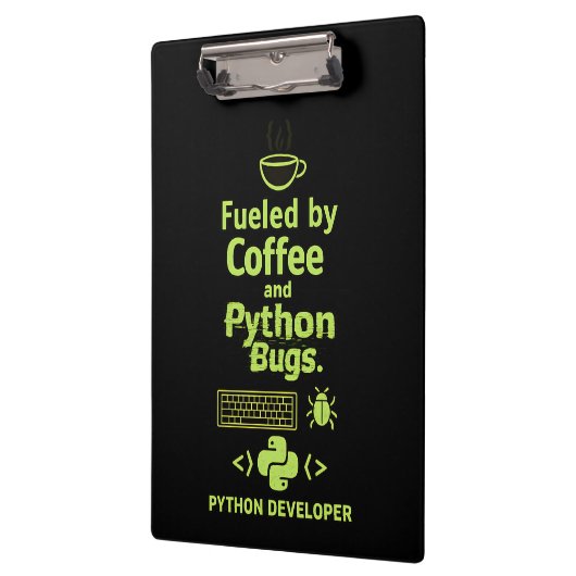 Funny Python Developer – Fueled by Coffee bugs Klemmbrett (Links)