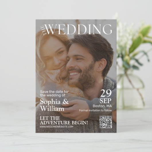 Funny QR Code Magazine Foto Hochzeit Save The Date (Stehend Vorderseite)