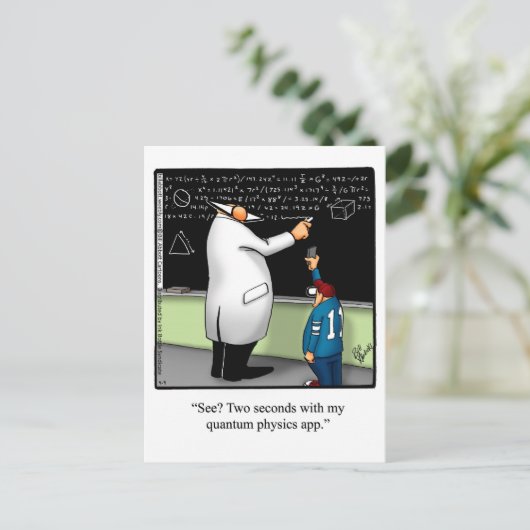 Funny "Quantum Physics App" Postcard Postkarte (Stehend Vorderseite)