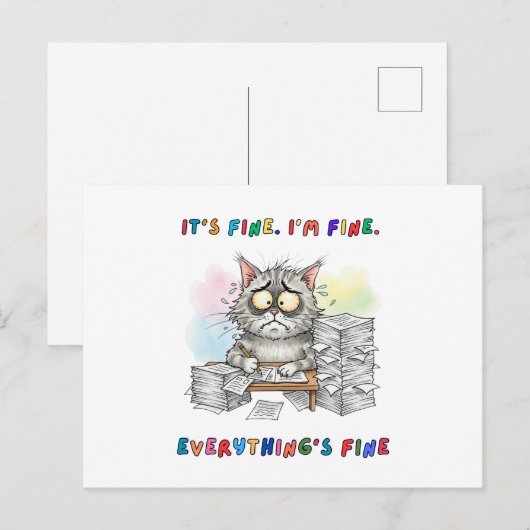 Funny Quirky Cat "Everything's Fine" Postkarte (Vorne/Hinten)