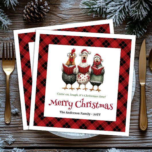 Funny quirky chickens Christmas napkin custom name Serviette