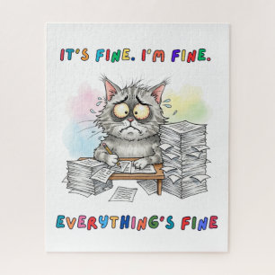 Funny Quirky Doodle Cat "Everything s Fine" Puzzle