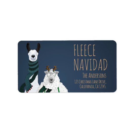 Funny Quirky Llama & Sheep 'Fleece Navidad' Pun Adressaufkleber (Vorne)