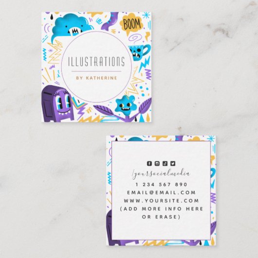 Funny Quirky Muster Grafik Designer Illustrator Quadratische Visitenkarte (Vorne/Hinten)