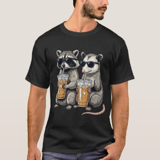 Funny Raccoon and Opossum Iced Coffee Sunglasses T-Shirt