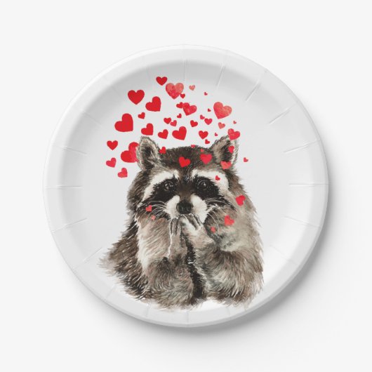 Funny Raccoon Blowing Kses Love Hearts Pappteller (Vorderseite)