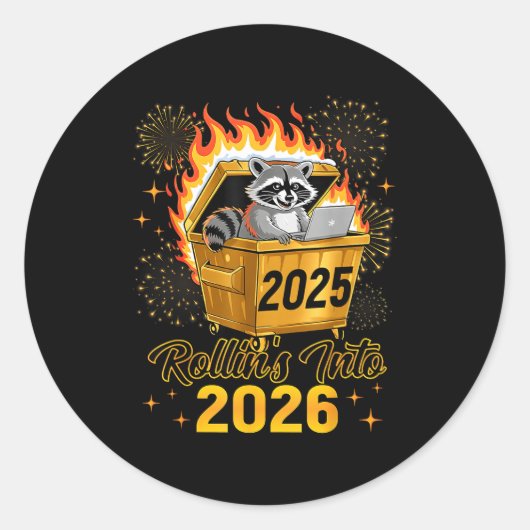 Funny Raccoon Rollin's Into 2026 New Year Matching Runder Aufkleber (Vorderseite)