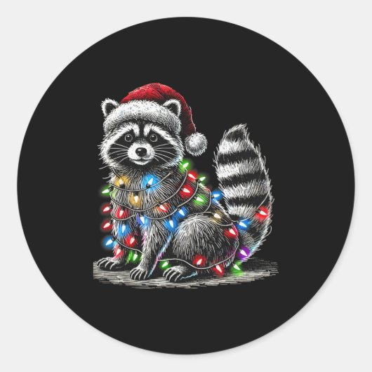 Funny Raccoon Santa Hat Christmas Tree Lights Paja Runder Aufkleber (Vorderseite)