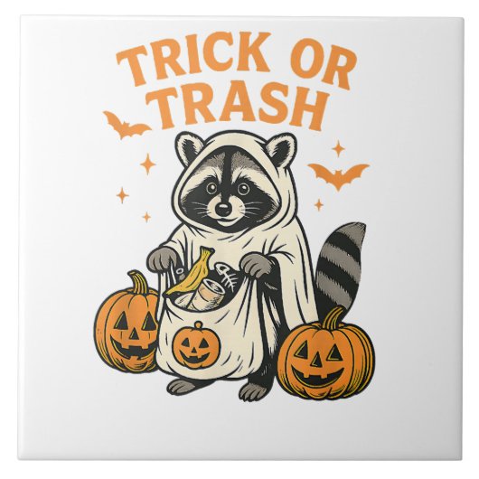 Funny Raccoon Trick oder Trash Halloween Fliese (Vorderseite)