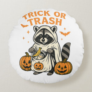 Funny Raccoon Trick oder Trash Halloween Rundes Kissen