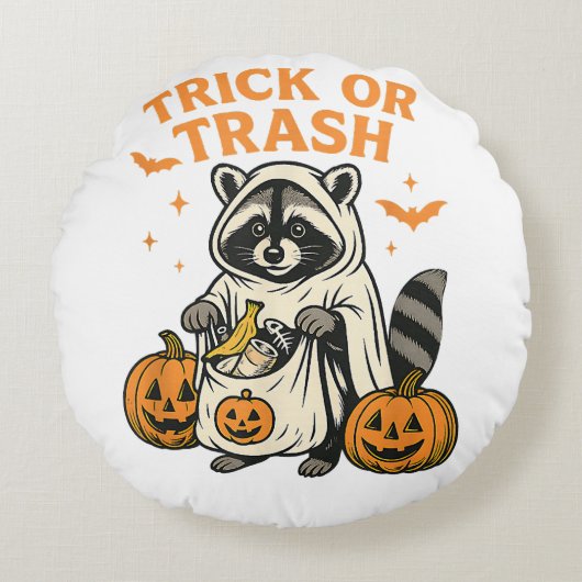 Funny Raccoon Trick oder Trash Halloween Rundes Kissen (Vorderseite)