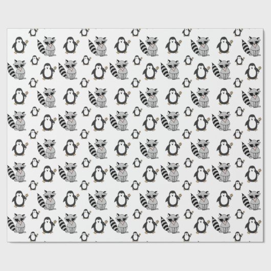 Funny Raccoon und Pinguin Pattern Geschenkpapier (Flach)