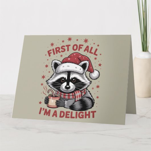 Funny Raccoon zuerst bin ich ein Freude Weihnachte Karte (Vorderseite)